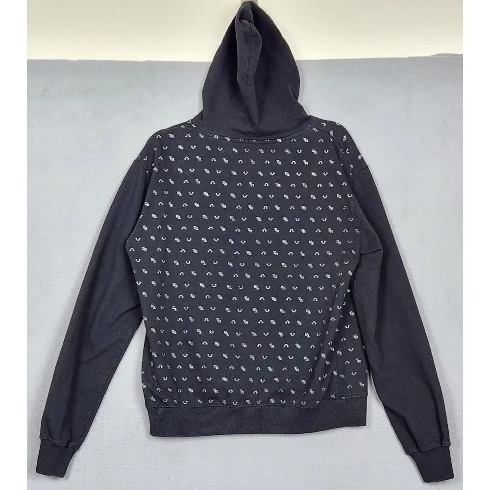 TRUE RELIGION Hoodie Mens Large Black Kangaroo Pocket AOP Activewear